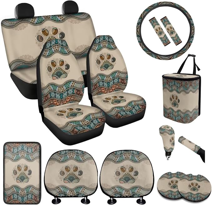 BIGCARJOB Boho Dog Paw Car Seat Cover Full Set 15 Pieces Boho Print Car Interior Accessories Set with Universal Steering Wheel Cover Car Trash Can Hanging Seat Headrest Covers