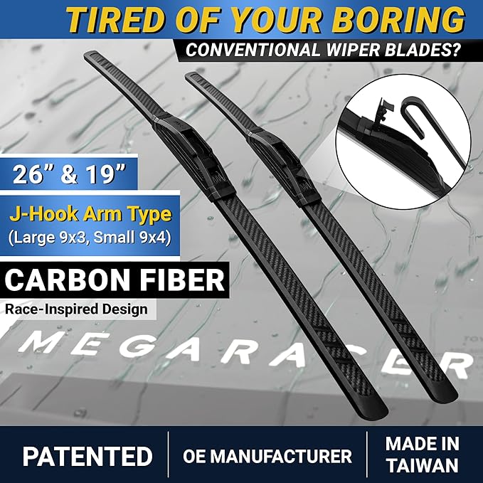 Premium Silicone Carbon Fiber Windshield Wiper Blades 26" & 19" - Patented All-Season, Quiet & Smooth Streak-Free Clean Wipe, OEM Quality, Front Automotive Replacement Wipers for Car & Truck (2 Pack)