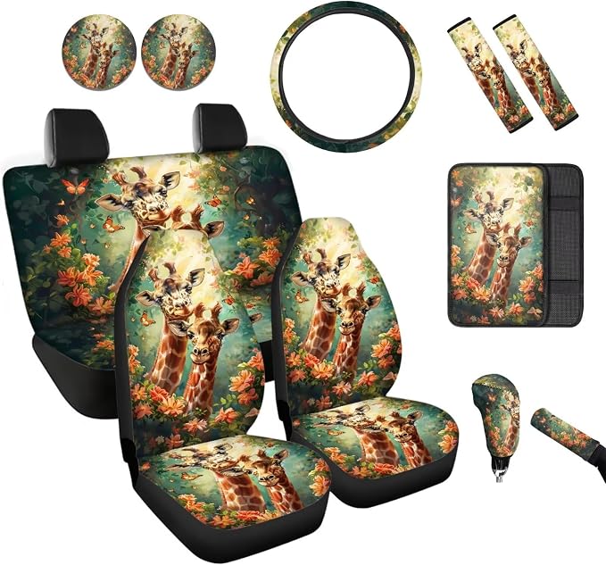 BIGCARJOB Animal Giraffe Car Seat Cover Sets 12 Pcs Auto Interior Accessories Funny Giraffe Print Seat Belt Cover,Armrest Seat Box Cover Cushion,Cup Mats,Universal Car Seat Protector Sets