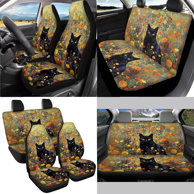 Cat Flower Print Car Interior Accessories Pack of 13, Car Seat Covers Full Set with Anti Slip Backing + Steering Wheel Cover + Seat Belt Pads + Coasters Interior Covers for SUV Truck Van