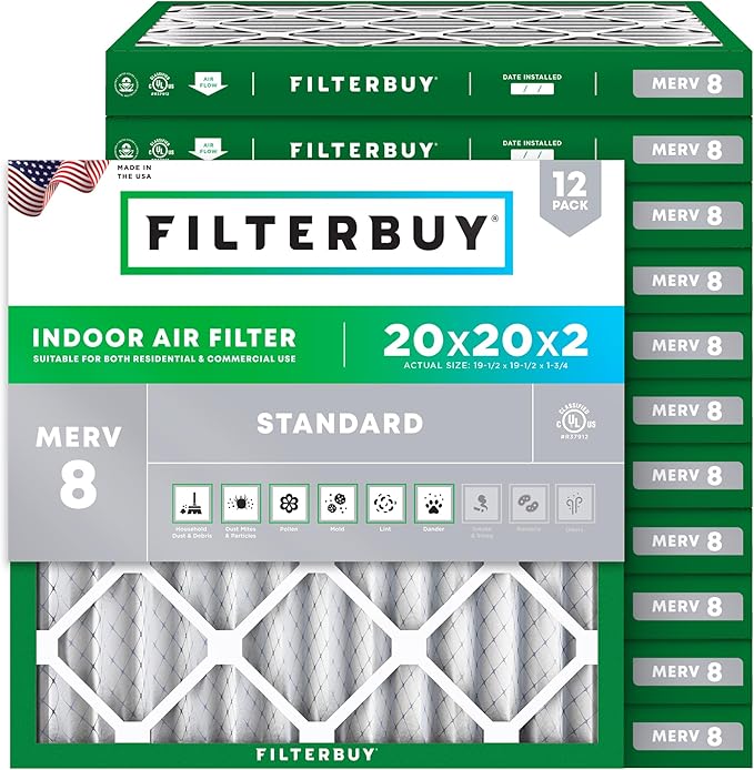 Filterbuy 20x20x2 Air Filter MERV 8 Essential Dust & Allergy Defense (12-Pack), Electrostatic Pleated HVAC AC Furnace Filters Replacement (Actual Size: 19.50 x 19.50 x 1.75)