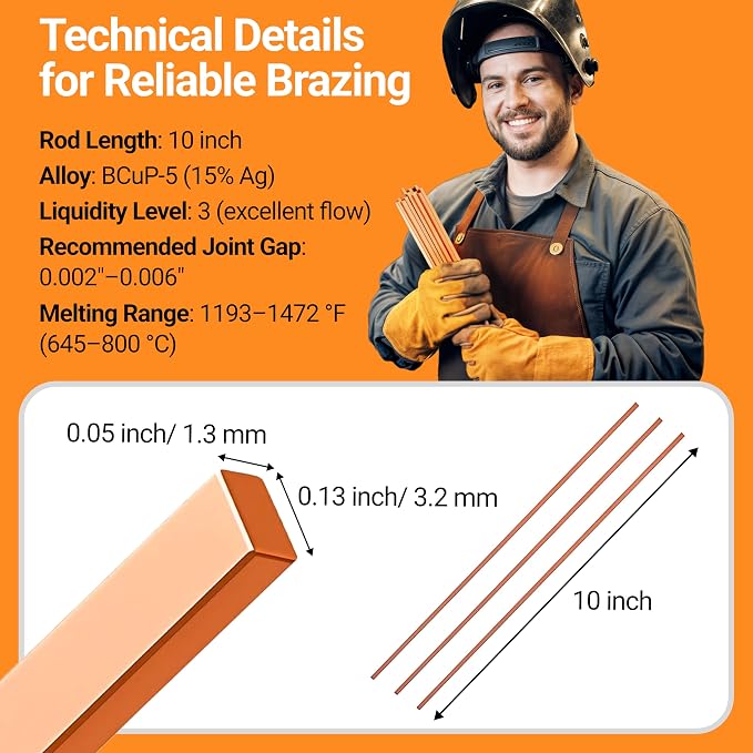 45pcs Brazing Rods AWS BCuP-5 15% Silver Solder Phos Copper Brazing Alloy Flat Welding Rods 0.050"x1/8"x10" for HVAC, Refrigeration, and Industrial Applications