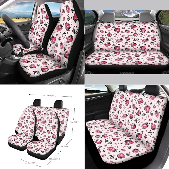 Strawberry Print Car Interior Covers Full Set 15Pcs Universal Car Front and Rear Seat Covers with Steering Wheel Cover Safety Belt Pads Inside Rearview Mirror Cover Cup Mats
