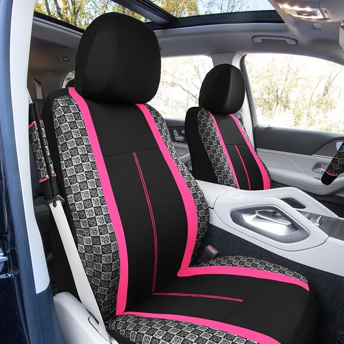 We Are Young Life is Fun™ Checker Car Seat Covers Universal Fit Interior Accessories Full Set Pink Seat Cover Combo Steering Wheel Cover and Seat Belt Pads, Airbag and Split Rear Car Seat Covers