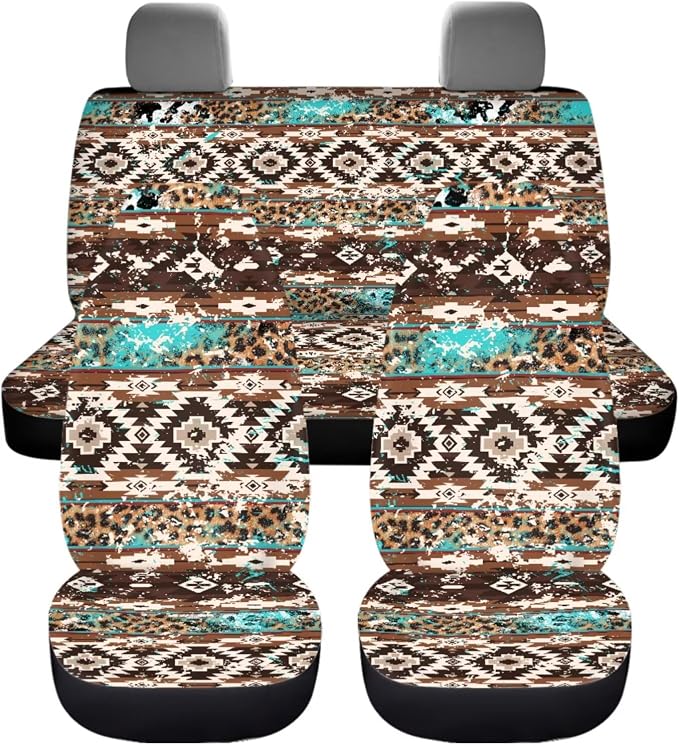 Dreaweet Aztec Brown Cow Seat Covers for Cars Full Set 12 Pcs Universal Car Accessories with Steering Wheel Cover/Armrest Cover/Seat Belt Pads/Coasters/Gear Shift Cover/Handbrake Cover,Universal Fit