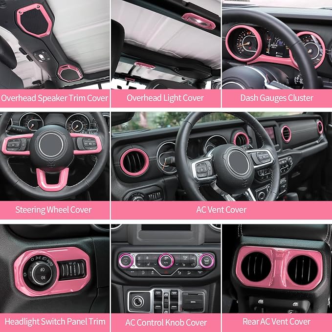 RT-TCZ for Wrangler JL Interior Trim Kit Pink, Dash Steering Wheel Trim Bezel for Jeep Wrangler JL JLU 2018-2023 Pink Interior Accessories 20pcs