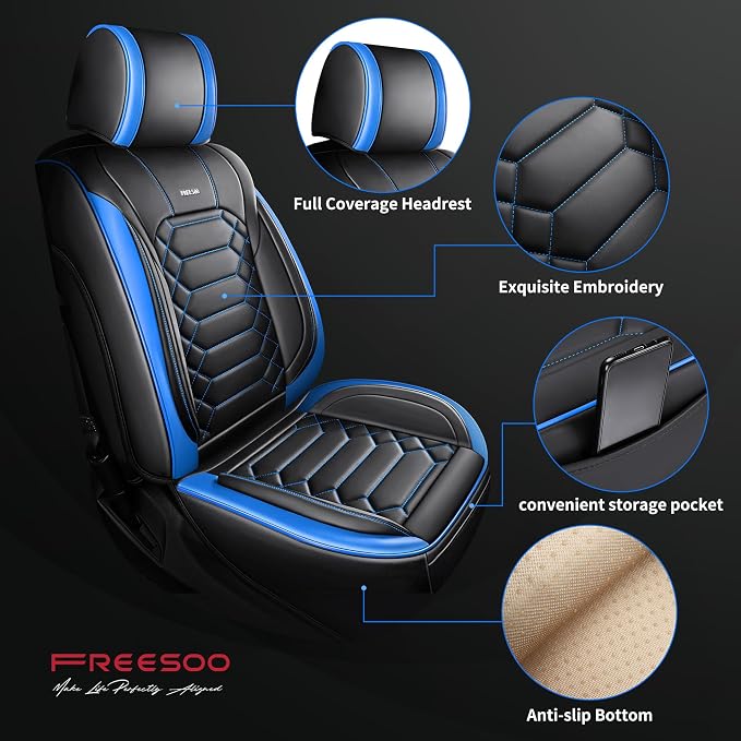 FREESOO for Silverado 2014-2018 2 Front Seat Covers, Fit for Chevy Silverado GMC Sierra 1500 2500 3500 Crew Cab Waterproof Truck Seat Covers BlackBlue