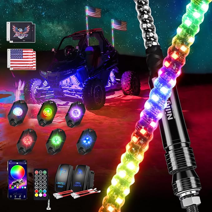 Nilight 2PCS 3FT RGB LED Whip Light and 6 PCS Rock Lights Combo Remote App Control w/DIY Chasing Patterns Stop Turn Reverse Modes Safety Antenna Whips for ATV UTV Polaris RZR Can-am Dune Buggy Jeep