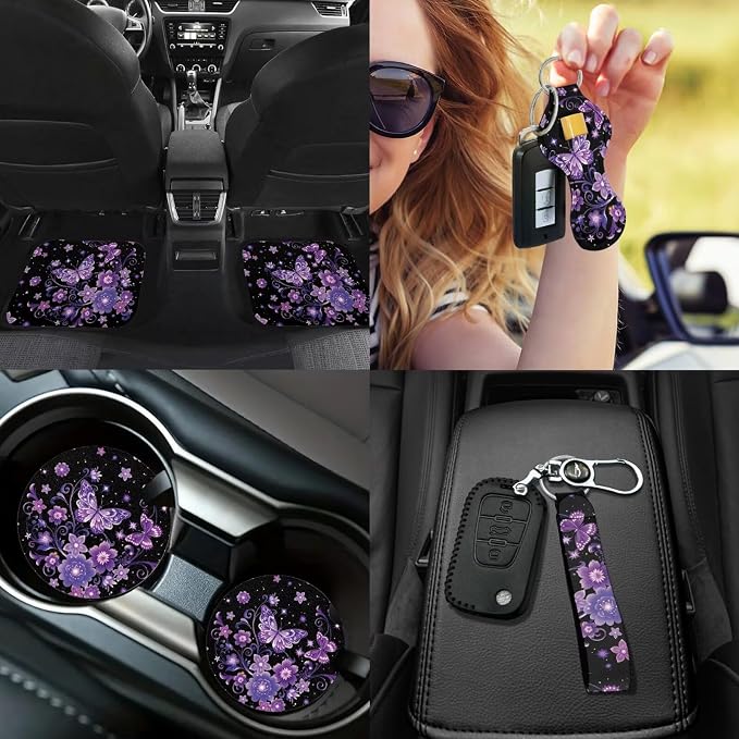 Purple Butterfly Car Cover Seats Full Set of 17 Pcs Purple Butterfly Car Accessories Set with Car Mats Full Set Steering Wherl Cover Seat Belt Cover Pad Center Console Cover,Universal Fit