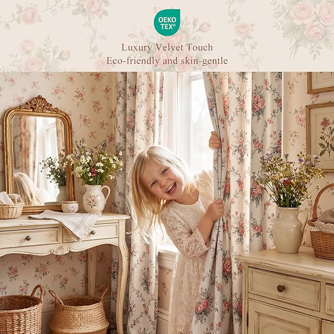 StangH Cottagecore Floral Printed Velvet Curtains, Cream Vintage Rose and Bow Knot Patterned Drapes French Country Romantic Home Decor for Bedroom Nursery, W52 x L96, 2 Panels