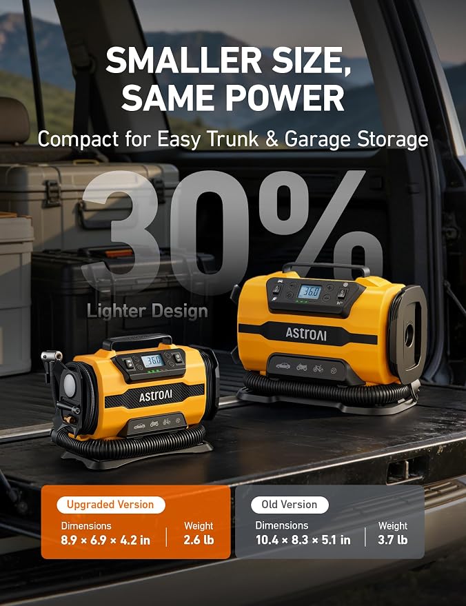 AstroAI Tire Inflator Portable Air Compressor, 150PSI 12V DC/110V AC Air Pump with Dual Metal Motors & LED Light, Two Modes for Car Tires, Bikes, Air Mattresses & Home Use, Compact Design, Yellow
