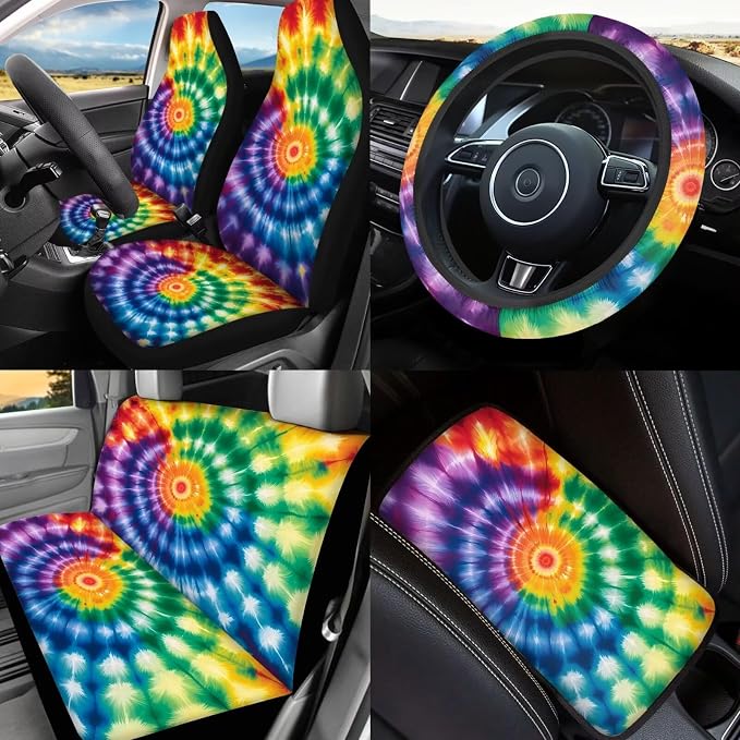 Tie Dye Car Seat Covers Full Set of 17 Pcs,Rainbow Tie Dye Car Accessories Sets with Rear View Mirror Cover,Auto Headrest Covers,Armrest Pad,Car Trash Can with Lid for Women Man