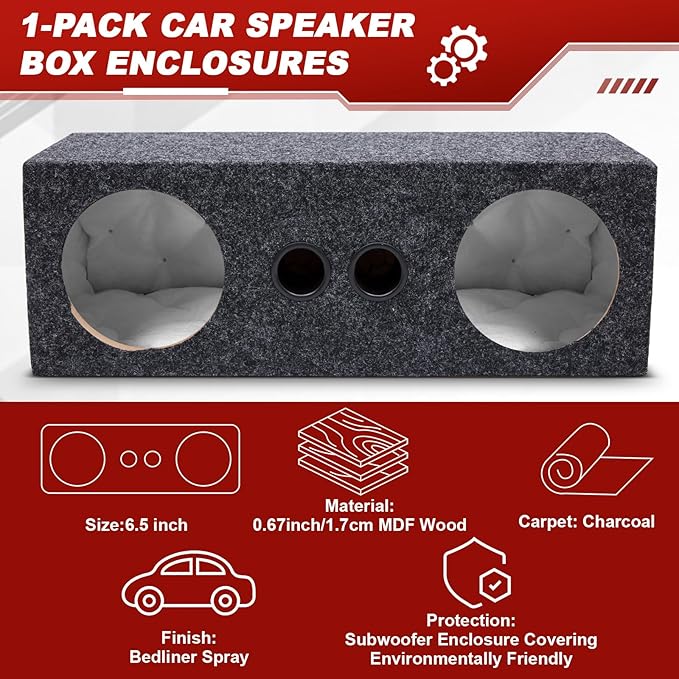 6.5 Inch Car Audio Enclosure Box, Sealed Covered Car Audio Vehicle Speaker Box with 2 Slot Port Vent for Improves Stereo and Sound System Accessories