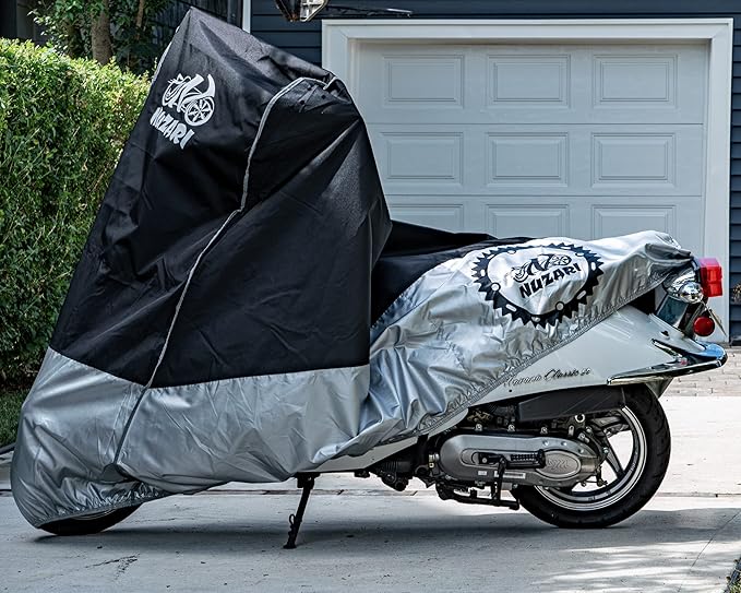 Nuzari Heavy Duty Small 250cc Motorcycle Cover - Motorcycle Covers Waterproof Outdoor Storage - Vespa Cover Waterproof Outdoor - Heavy Duty E- Bike Moped Covers (Black/Silver, Small)