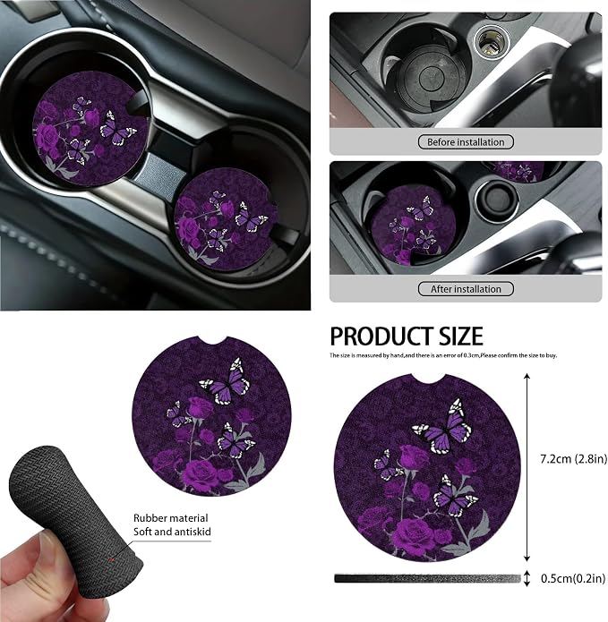 Purple Butterfly Rose Print 15 PCS Car Front Back Seat Covers Full Set, Steering Wheel Cover Trash Bag Seatbelt Strap Pad Air Vent Storage Bag Rearview Mirror Cover Coasters Key Chain