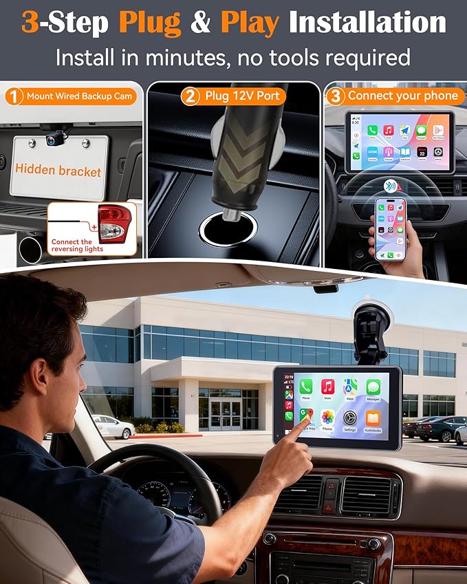Portable Carplay Screen with Backup Camera - Plug-Play 7-inch HD 1080P Car Touchscreen Supports Both Apple CarPlay & Android Auto - No Dashboard Removal, GPS Navigation, Voice Control, Bluetooth