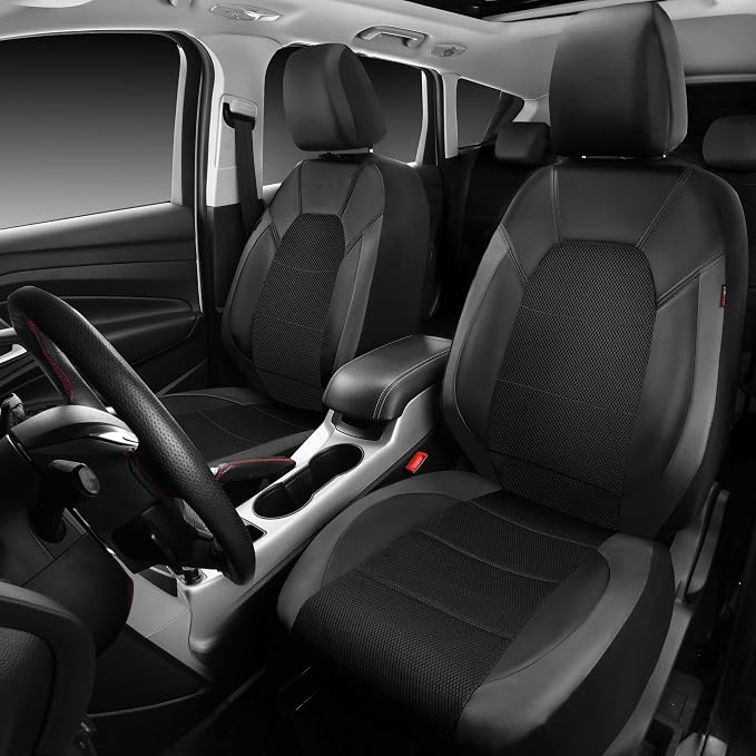 CAR PASS Leather Seat Covers, Automotive Sport Car Seat Cover Super 5mm Composite Sponge Inside, Airbag Compatible Universal Fits Most Cars, SUVs, Trucks and Vans (Full Set,Black & Gray)