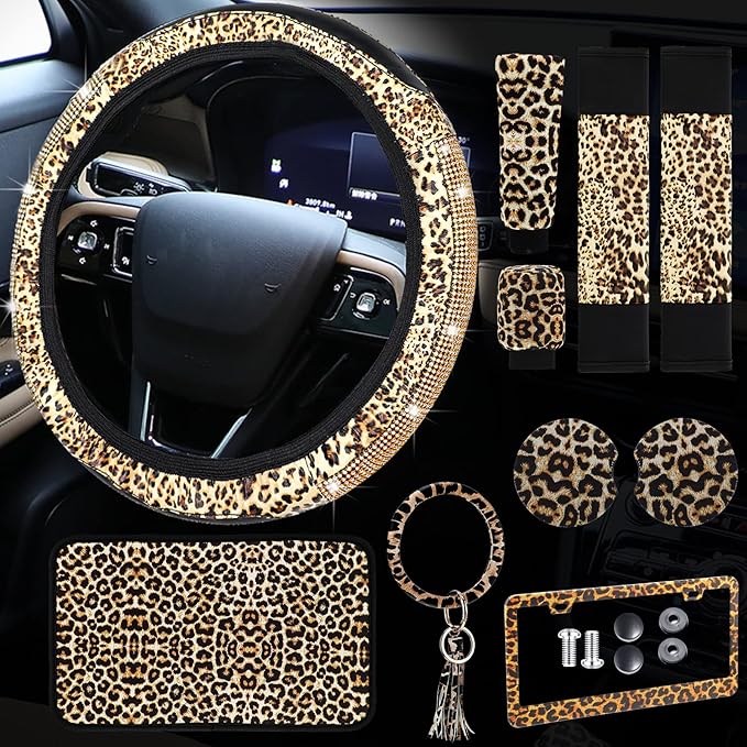 Tallew 10 Pieces Leopard Print Car Accessories Set Diamond Cheetah Leopard Steering Wheel Cover Seat Belt Licence Frame Armrest Pad Cover Cup Holder Keyring Bracelet for SUV Car Truck