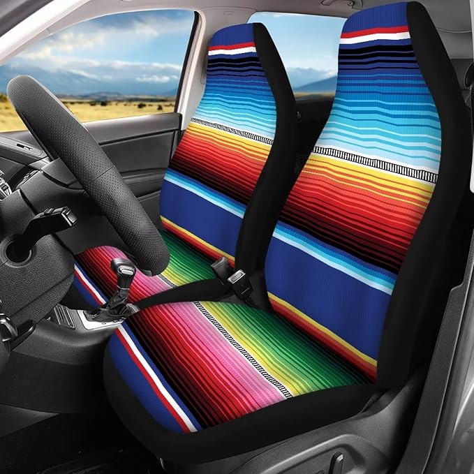Mexican Blanket Serape Stripe Pattern Colorful 12 Pcs Set Car Accessories Universal Fit Full Seat Cover+Steering Wheel Covers+Keychain+Lipstick Holder+Coaster Auto Interior Protector