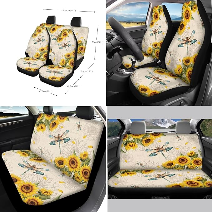 Suobstales Dragonfly Sunflower Print Car Seat Covers 11 Pcs Car Accessories Interior Set Auto Front Rear Split Seats Protectors with Steering Wheel Cover, Seatbelt Pads, Cup Holder, Keychain