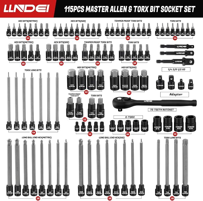 LLNDEI 115-Piece Torx & Allen Bit Socket Set, 1/4",3/8"and 1/2" Drive, Extra Long Torx//Tamper Proof Torx/Hex/Ball End Hex Socket Set, S2 Steel, SAE/Metric, with Ratchet Wrench & Adapters