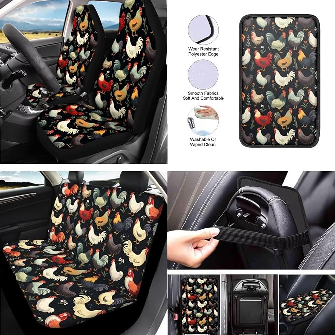 Rooster Universal Car Seat Covers 13 Set, Colorful Countryside Countryside Car Accessories for Front Rear Seat Cover, Vintage Farm Steering Wheel Cover Seat Belt Pads