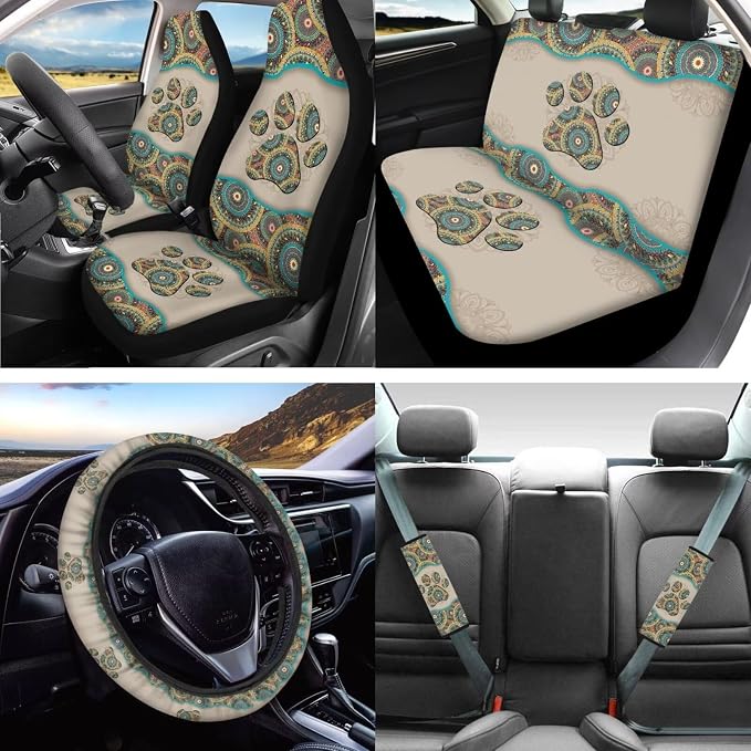 Aztec Tribal Dog Paw Car Seat Covers Front Back Seat Protection 12 Pack Set of Vehicle Interior Seat Mat Boho Pet Paw Auto Steering Wheel Cover Seat Belt Keys Ring,Universal Fit Cars,Truck,SUV