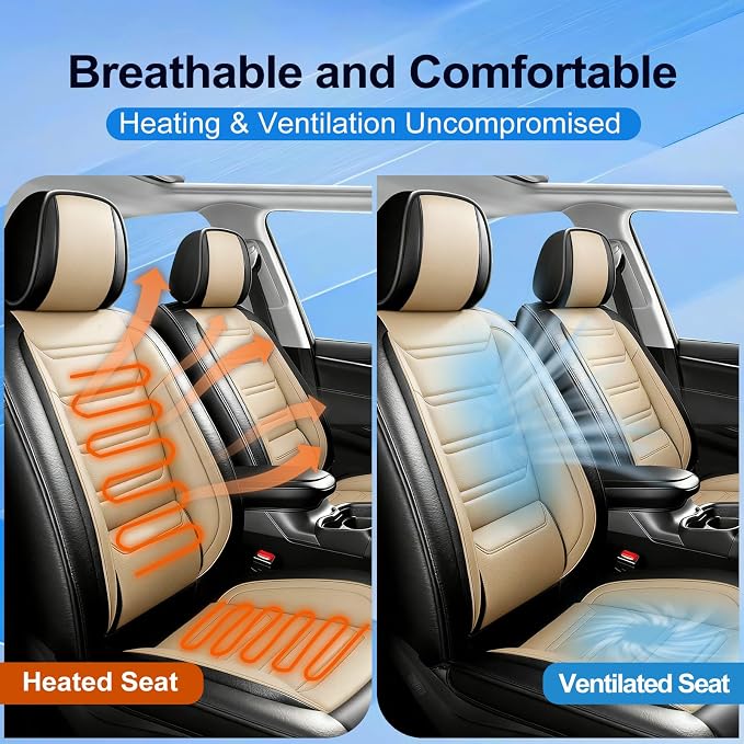 Fit XTS Car Seat Covers (Front Pair) for Cadillac XTS 2013-2019 - Premium Full Coverage Leather, Airbag Compatible & Scratch-Resistant, Waterproof & All Weather Seat Protector, Black+Beige