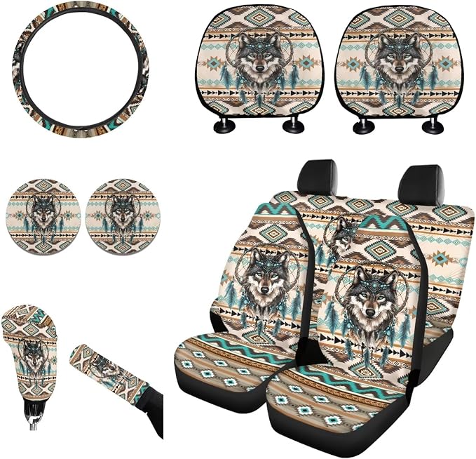 Wanyint Aztec Wolf Dream Catcher Car Seat Cover Split Covers Set for Women Men, 15 Inch Steering Wheel Cover, Headrest Cover Cup Coasters Handbrake Cover Gear Shift Cover Auto Accessories