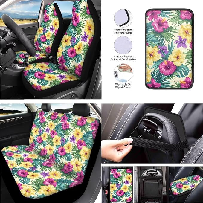 Hibiscus Seat Covers for Cars 13 Pcs, Colorful Tropital Flower Car Interior Accessories Auto Center Console Pad, Ocean Island Plants Cover for Cars Interior Universal Fit