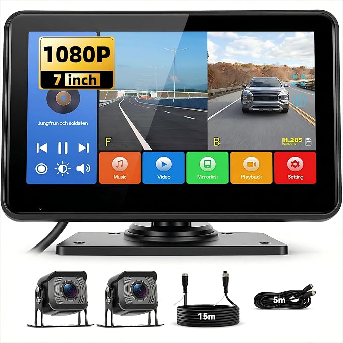 7 Inch Touchscreen Wired Backup Camera System, AHD 1080P Full Color Night Vision, 4K DVR Recording, IP68 Waterproof, Loop Recording, Parking Monitor, 9-32V for Truck Tractor Excavator Skid Steer RV