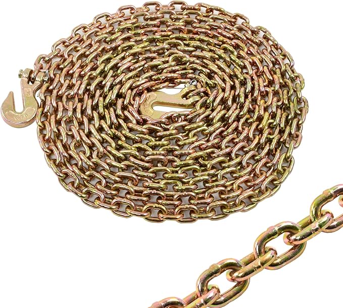 Heavy Duty G80 Transport Binder Chain 1/4'' Inch x 20 Feet,Tow Chain with G70 Clevis Grab Hooks,3300 lbs Safe Working Load Logging for Transporting, Towing(1/4'' x 20FT Yellow).