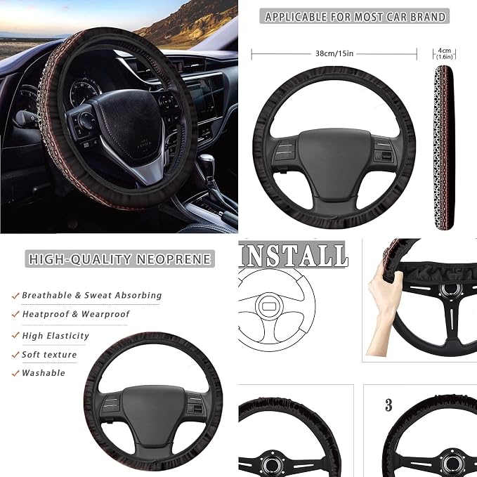 Aztec Cow Print Car Seat Cover Full Set with Steering Wheel Cover, Shoulder Pads, Aztec Auto Seat Covers Cow Car Accessories Universal Fit for Most Cars, Black