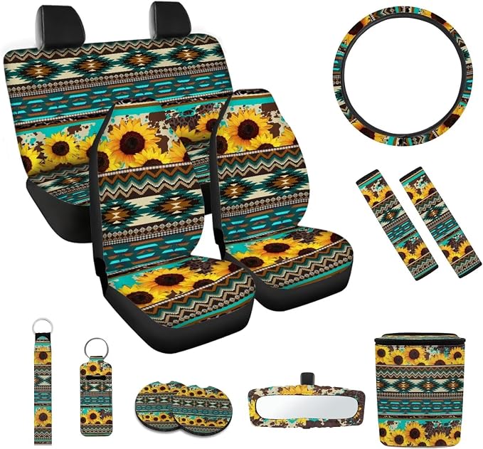 Aztec Sunflower Car Seat Cover Set - Universal Fit - Polyester, Neoprene - Car, Van, SUV - Seat Covers