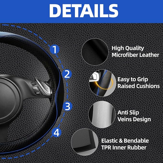 NBTEPEM 10 Pcs Car Floor Mats Full Set Car Accessories, Microfiber Leather Steering Wheel Covers 14.5-15 inch, Center Console Cover, Seat Belt Pads, Cup Coasters, Universal Interior Decor(Blue)