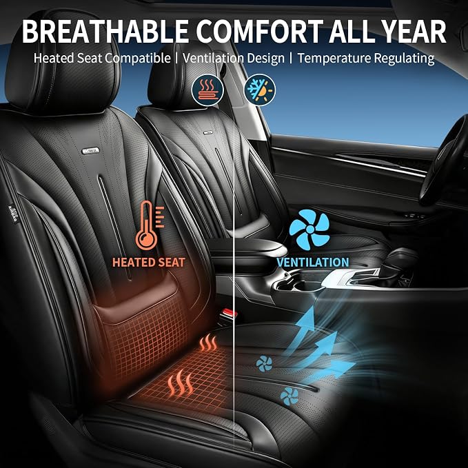 Fit XT5 Car Seat Covers for Select Cadillac XT5 2017-2026 - Premium Full Coverage Leather, Airbag Compatible & Scratch-Resistant, Waterproof & All Weather Seat Protector, Full Set, Black