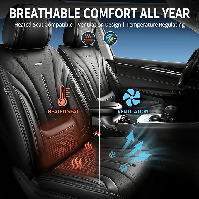 Fit XT6 Car Seat Covers for Select Cadillac XT6 2020-2025 - Premium Full Coverage Leather, Airbag Compatible & Scratch-Resistant, Waterproof & All Weather Seat Protector, Full Set, Black
