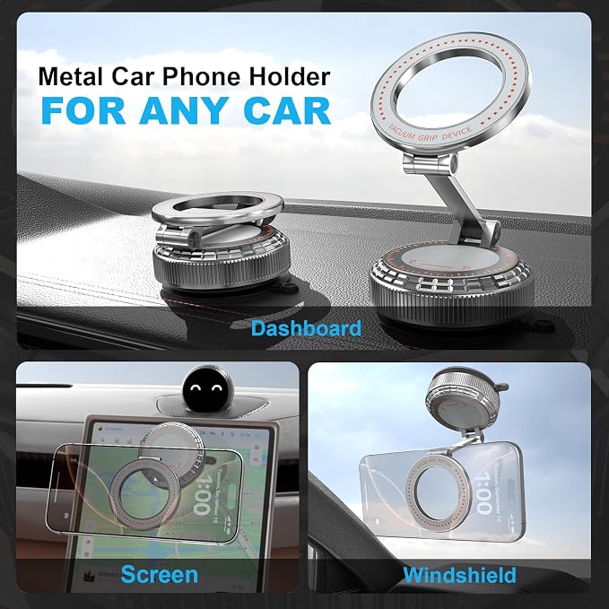 Metal Magnetic Car Phone Holder, 360° Adjustable Magsafe Car Phone Mount, Vacuum Suction Cup Phone Holders for Your Car for iPhone 17-12 Pro Max Air Plus & Android (Silver)