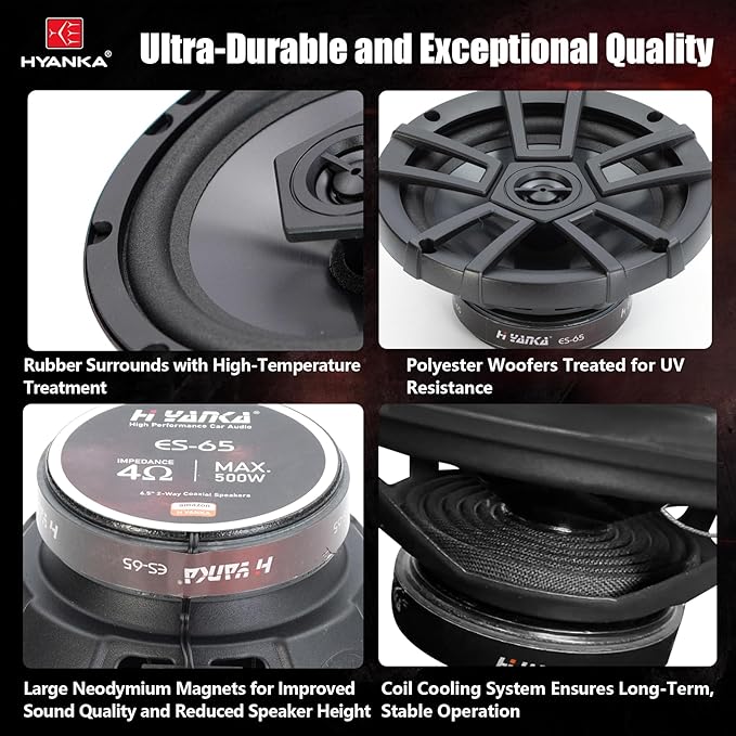 H YANKA ES-65 6.5 Door Speakers, 500 Watts Full-Range Stereo, 2-Way Coaxial Car Speakers, Clear Sound with No Distortion, Includes Installation Kit, Ideal for Cars, Trucks, Jeeps, and More (1 Pair)