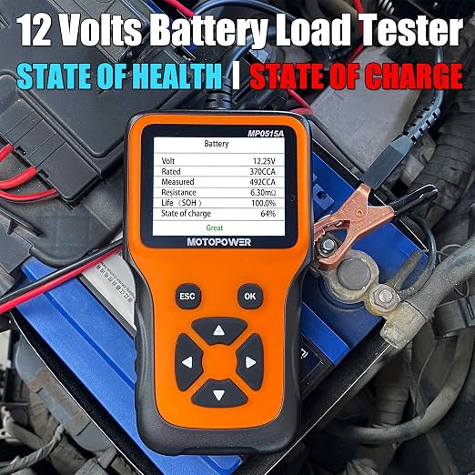 MOTOPOWER MP0515A 12V Car Battery Load Tester with MP00205C 12V 800mA Battery Charger Maintainer