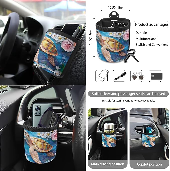 Turtle Floral Print Car Front Back Seat Covers Set of 15 Steering Wheel Covers Trash Cans Air Vent Storage Bag Seatbelt Strap Cover Rear View Mirror Covers Cup Coasters Keychain