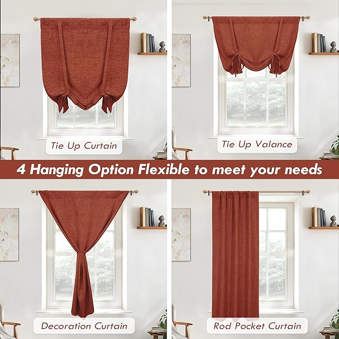 DriftAway Double Layer Linen Blackout Tie Up Curtains Thermal Insulated Fully Lined Balloon Roman Shade Bathroom Window Adjustable Rod Pocket for Small Window 25 Inch by 47 Inch Burnt Orange