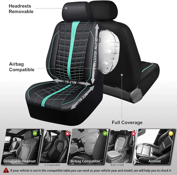 CAR PASS 3D Foam Mesh Leather Car Seat Covers Full Set, Breathable Premium Leather Seat Covers for Car,Anti Slip Universal Fit for Trucks Cars Sedans Vans SUVs, Airbag Compatible, Black Mint