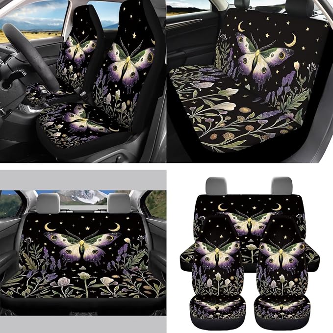 Moon Moth 15Pcs Car Seat Cover Full Set Car Steering Wheel Cover Seat Belt Cover Trash Bin Front Rear View Mirror Car Cup Holder Keychain