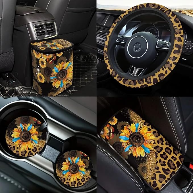 Leopard Sunflower Print Car Seat Covers Full Sets of 18 Pack Sunflower Print Car Interior Accessories Sets with Belt Pads Cover Car Headrest Covers Auto Trash Bag Steering Wheel Cover