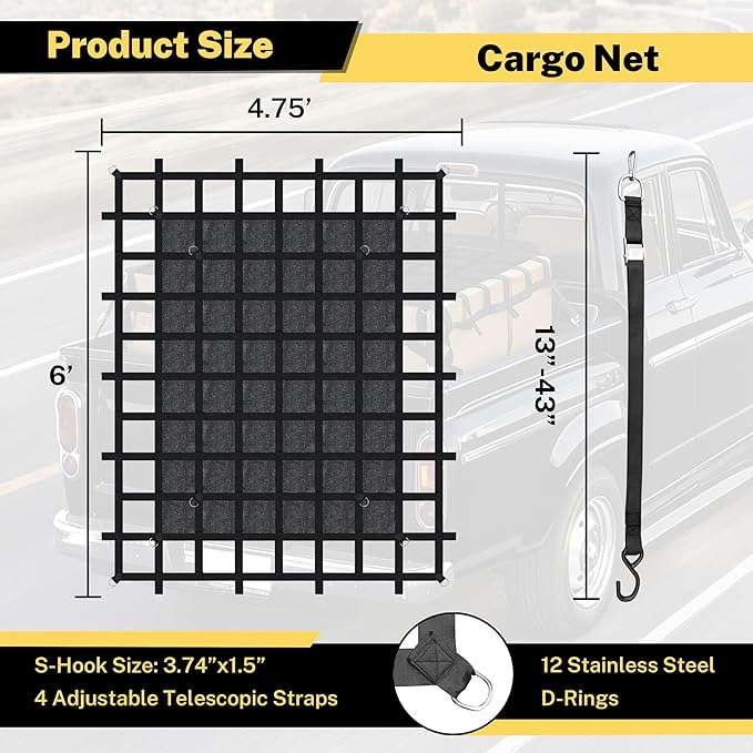 6'×4.75'Cargo Net with Mesh,Basic Waterproof,Breathable,UV Protection,4 Adjustable Straps with Carabiners & S-Hooks.Cargo Net for Pickup Truck Bed is Suitable for Trailer,Pickup Truck,Boat,Jeep,SUV