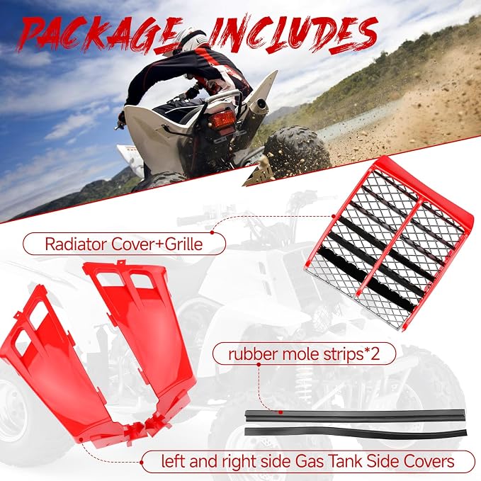 Red Plastic Gas Tank Side Covers with Grill, Compatible with Yamaha Banshee 350 1987-2006, 2-PC Set, OE 2GU-21721-60-00, 2GU-21711-60-00, 2GU-2171L-00-00, C0209006