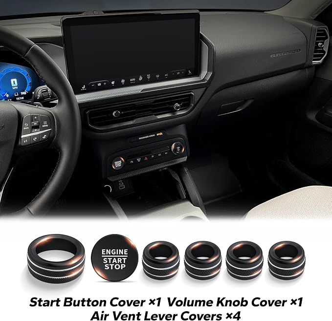 for 2025-2026 Ford Bronco Sport Accessories (Not for Bronco) 9PCS Aluminum Alloy Knob Cover Trim Set for Push Start, Volume, Air Vent Tabs, Headlight & Gear Shift Knob (Black)