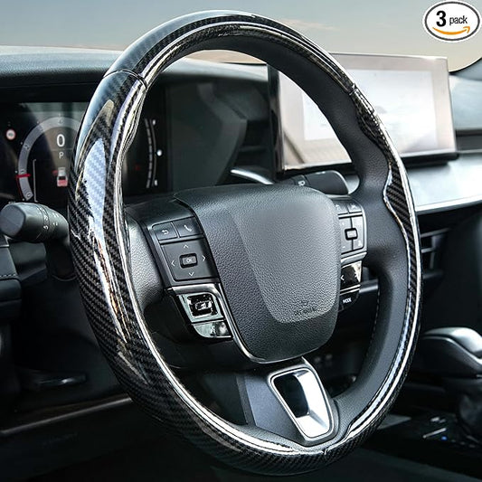 West Llama 3 Piece Carbon Fiber Steering Wheel Cover, 14.5-15 Inch 3 Pc Auto Car Steering Wheel Cover Universal Fit for 99% Cars, SUVs, Trucks (Glossy Black)