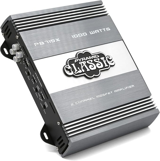 Pyramid PB715X 1000W 2-Channel Bridgeable Car Amplifier – MOSFET Power Supply, Tri-Way Config, 13.8V DC, RCA Input, 90dB SNR, Car Mount, Thermal Protection